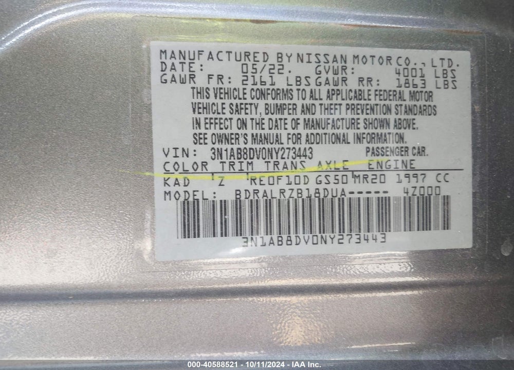 2022 NISSAN SENTRA VIN: 3N1AB8DV0NY273443