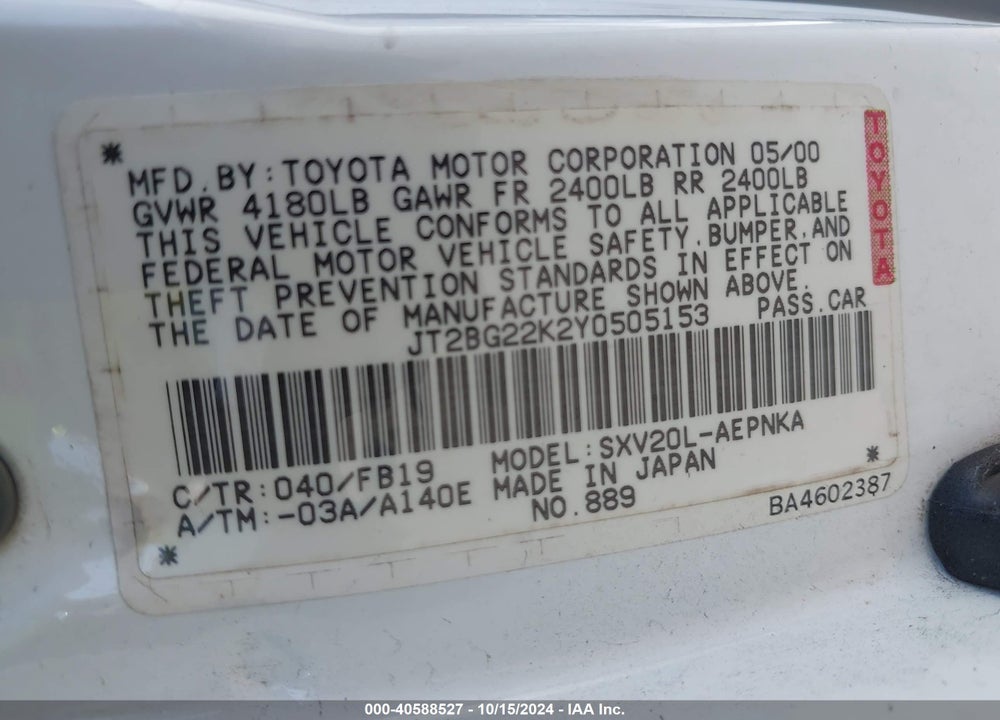 2000 TOYOTA CAMRY CE/LE/XLE VIN: JT2BG22K2Y0505153