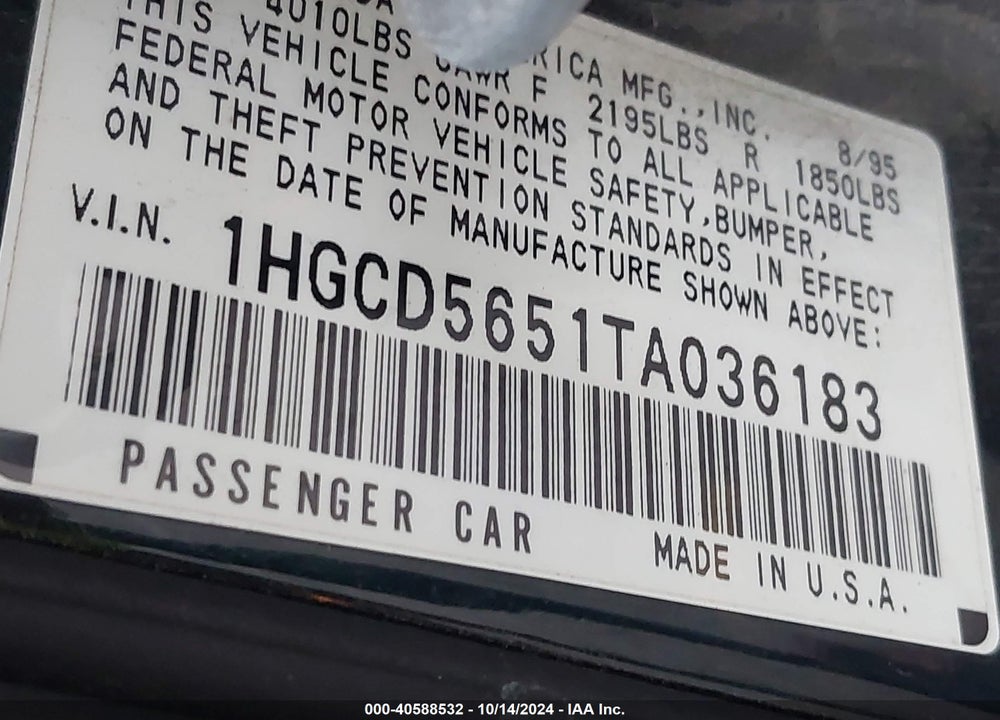1996 HONDA ACCORD EX/EX-R VIN: 1HGCD5651TA036183