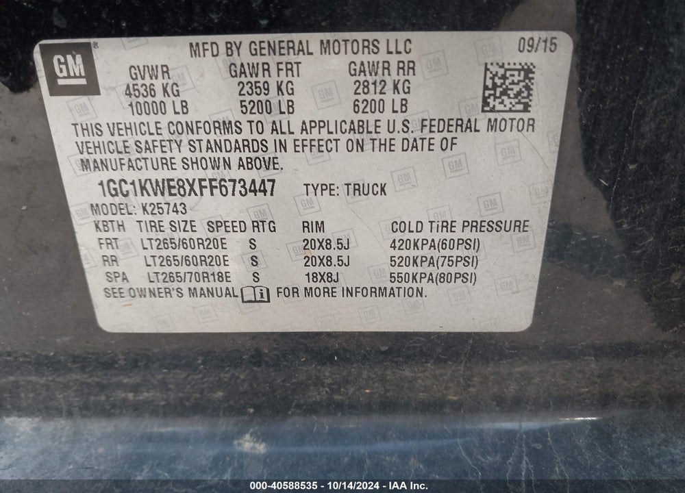 2015 CHEVROLET SILVERADO 2500HD LTZ VIN: 1GC1KWE8XFF673447