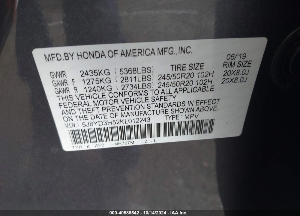 2019 ACURA MDX TECH PKG VIN: 5J8YD3H52KL012243