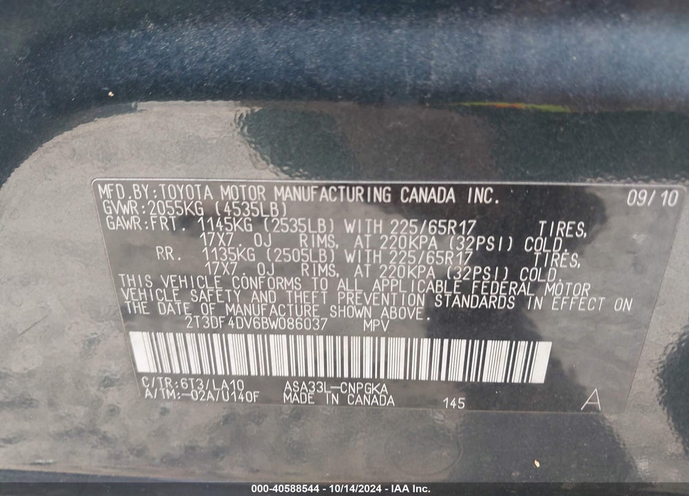 2011 TOYOTA RAV4 LIMITED VIN: 2T3DF4DV6BW086037