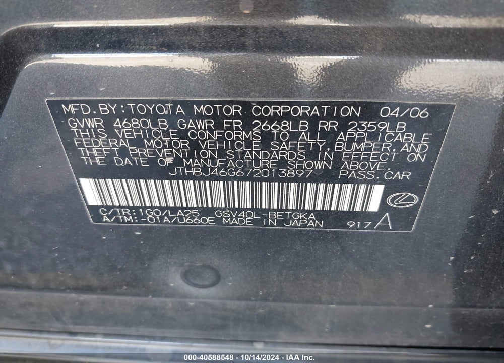 2007 LEXUS ES 350 VIN: JTHBJ46G672013897
