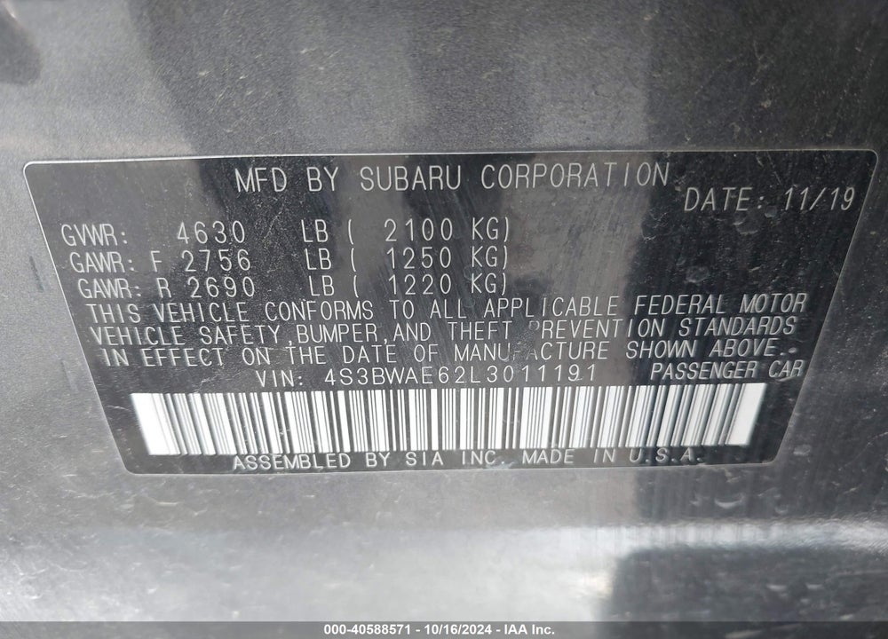 2020 SUBARU LEGACY PREMIUM VIN: 4S3BWAE62L3011191