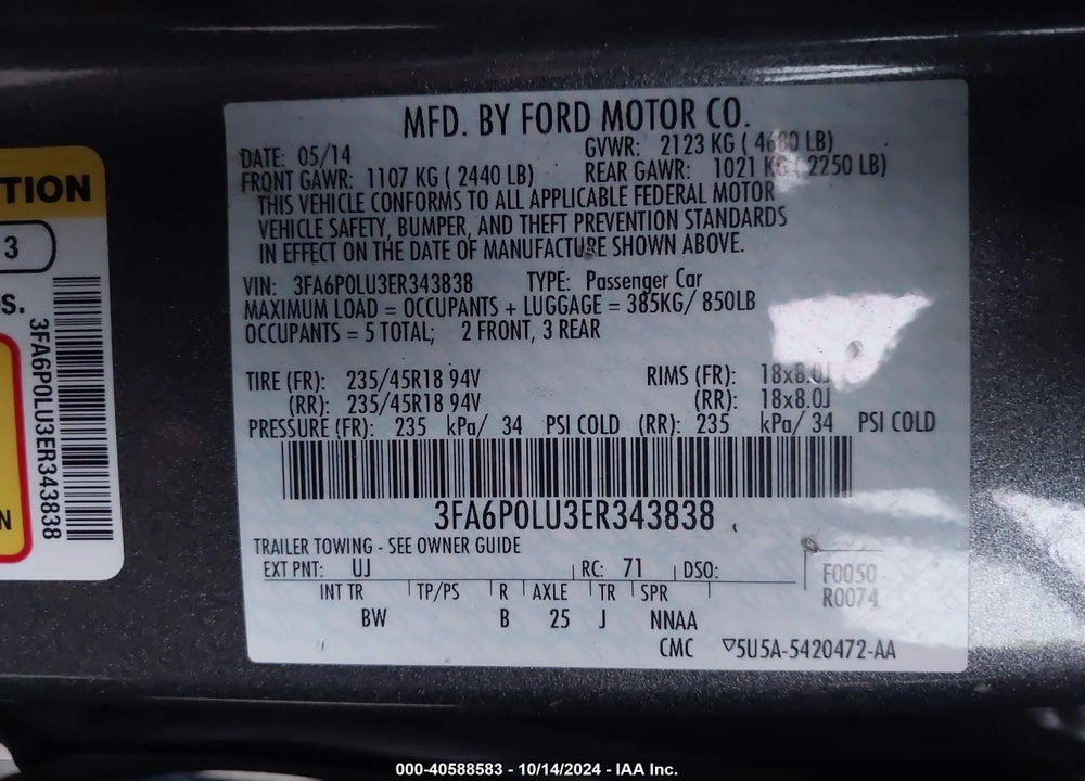 2014 FORD FUSION HYBRID SE VIN: 3FA6P0LU3ER343838