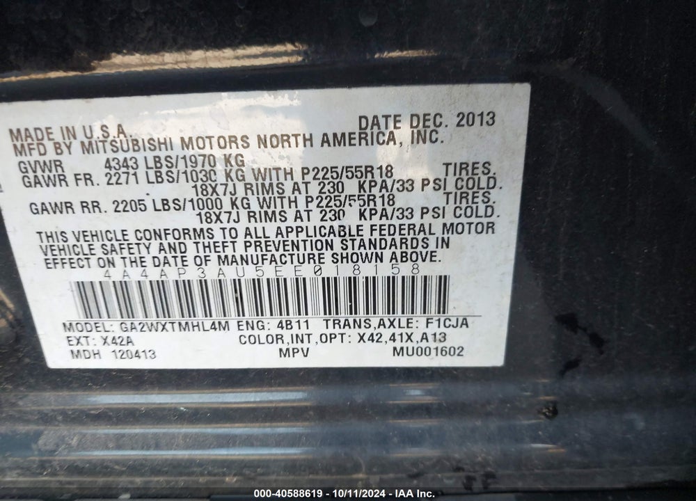 2014 MITSUBISHI OUTLANDER SPORT ES VIN: 4A4AP3AU5EE018158