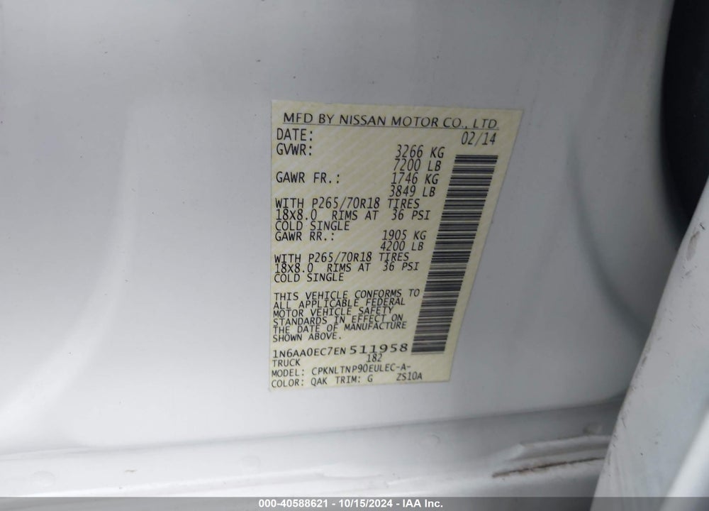 2014 NISSAN TITAN SV VIN: 1N6AA0EC7EN511958