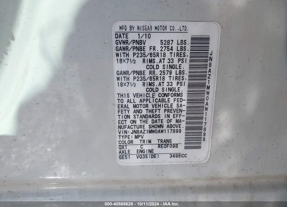 2010 NISSAN MURANO SL VIN: JN8AZ1MW0AW117899