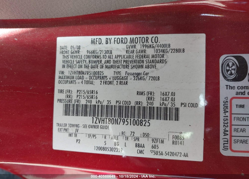 2009 FORD MUSTANG VIN: 1ZVHT80N795100825