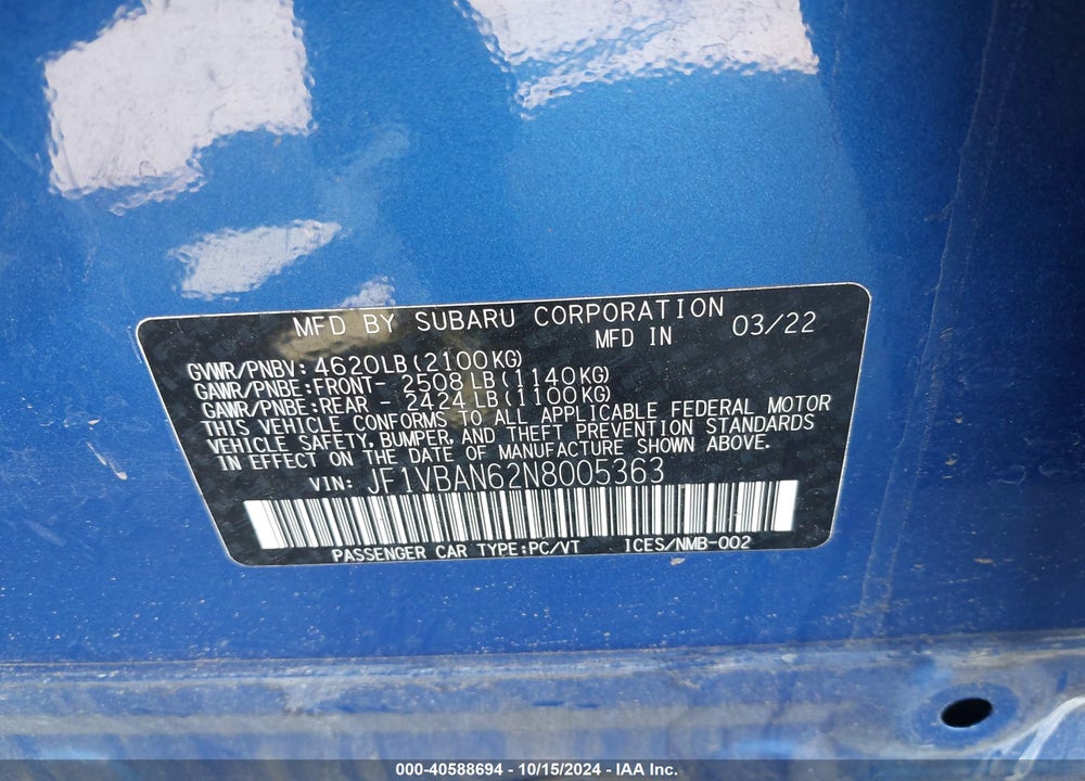 2022 SUBARU WRX LIMITED VIN: JF1VBAN62N8005363