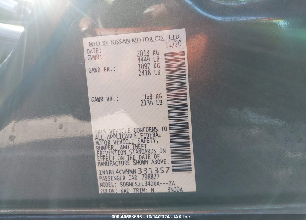 2021 NISSAN ALTIMA SR INTELLIGENT AWD VIN: 1N4BL4CW9MN331357