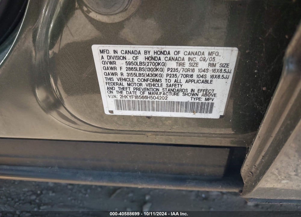 2006 HONDA PILOT EX-L VIN: 2HKYF18566H504202