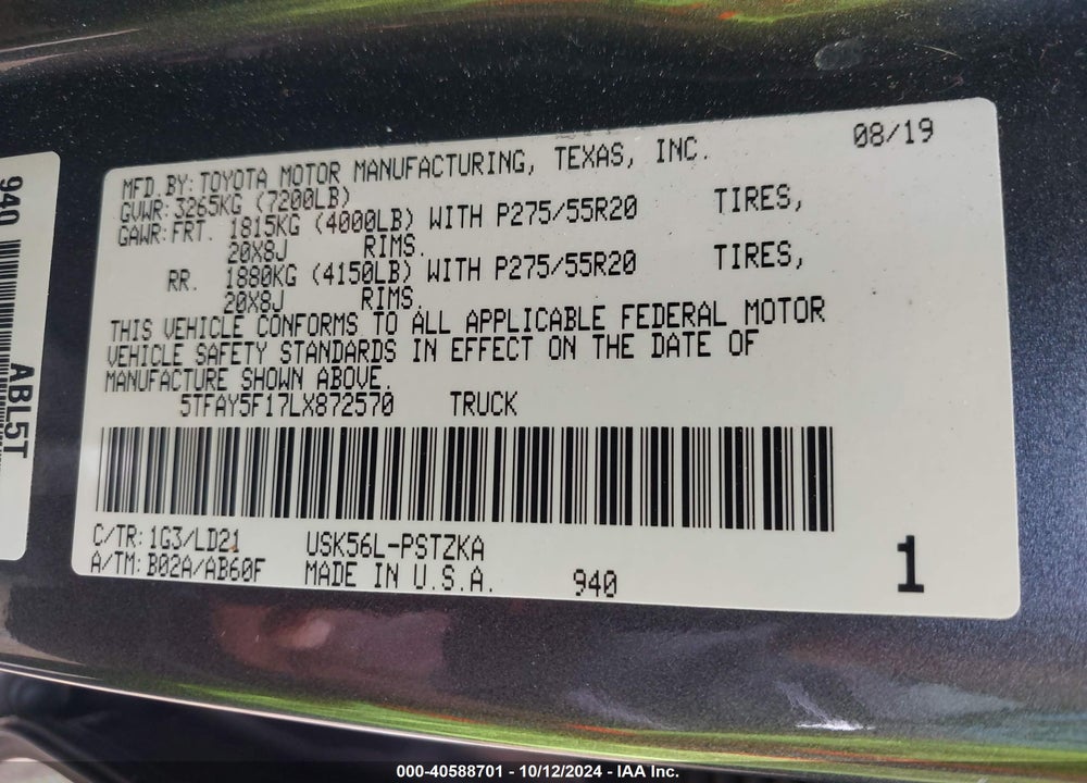 2020 TOYOTA TUNDRA 1794 EDITION VIN: 5TFAY5F17LX872570