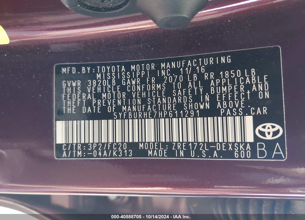 2017 TOYOTA COROLLA SE SPECIAL EDITION VIN: 5YFBURHE7HP611291