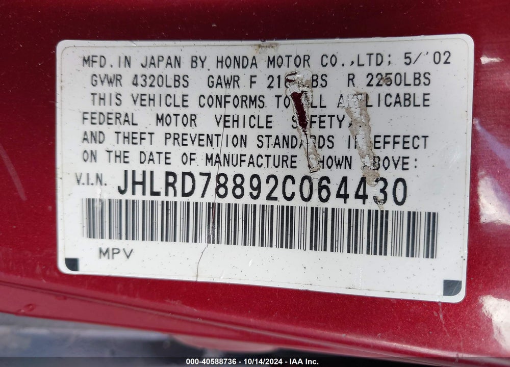 2002 HONDA CR-V EX VIN: JHLRD78892C064430
