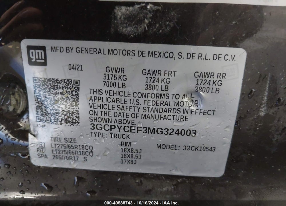 2021 CHEVROLET SILVERADO 1500 4WD SHORT BED CUSTOM TRAIL BOSS VIN: 3GCPYCEF3MG324003