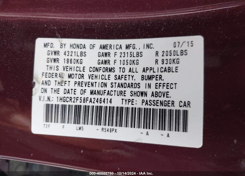 2015 HONDA ACCORD SPORT VIN: 1HGCR2F58FA246414