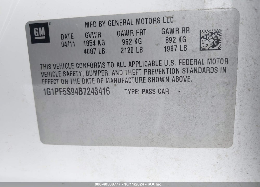 2011 CHEVROLET CRUZE 1LT VIN: 1G1PF5S94B7243416