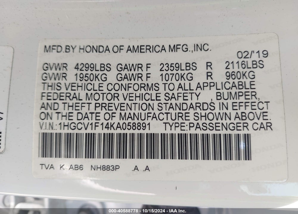 2019 HONDA ACCORD VIN: 1HGCV1F14KA058891
