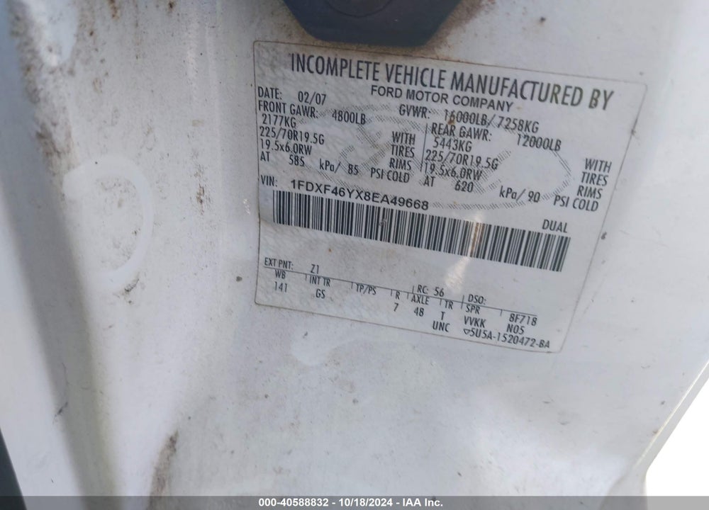 2008 FORD F-450 CHASSIS XL/XLT VIN: 1FDXF46YX8EA49668