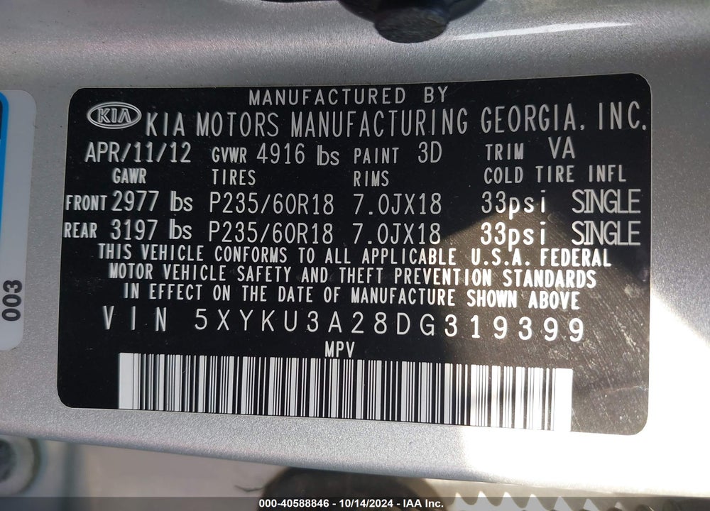 2013 KIA SORENTO EX V6 VIN: 5XYKU3A28DG319399