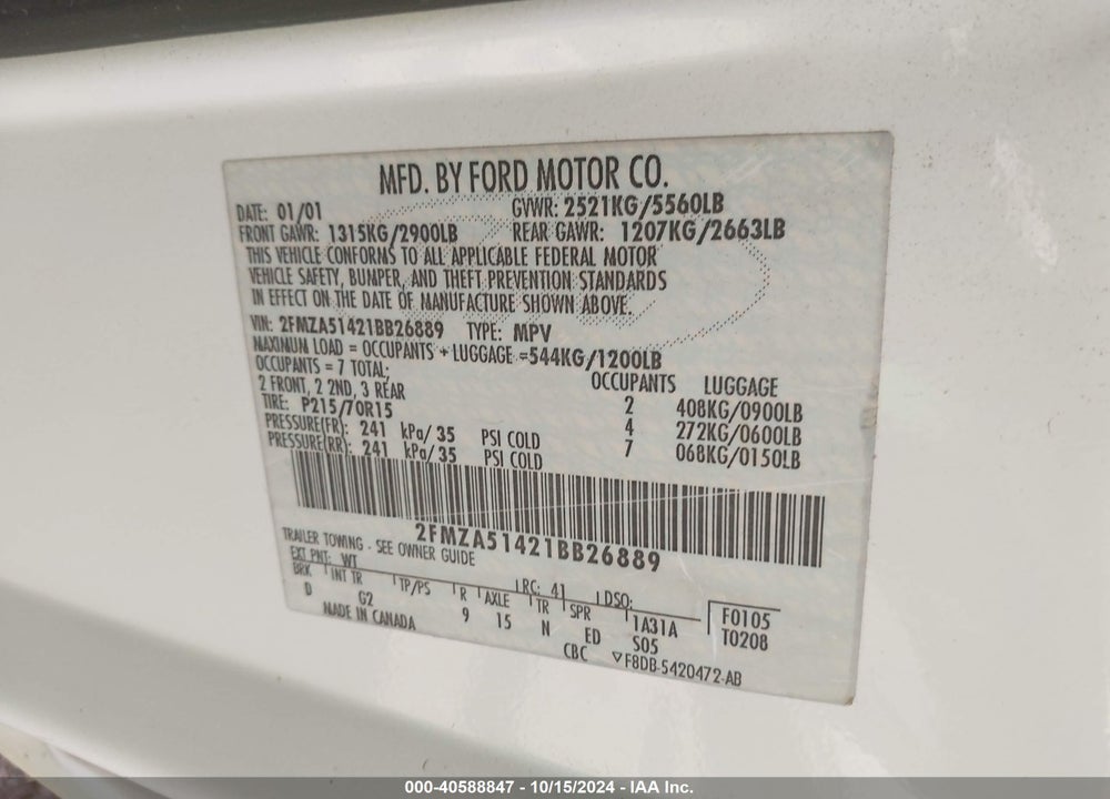 2001 FORD WINDSTAR LX VIN: 2FMZA51421BB26889