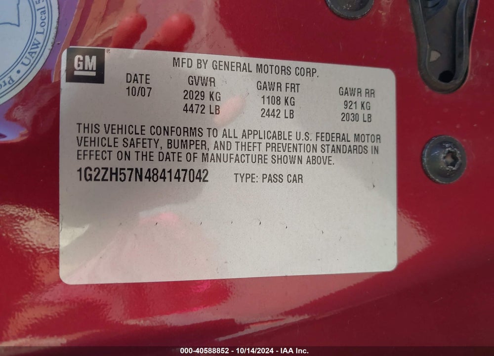 2008 PONTIAC G6 GT VIN: 1G2ZH57N484147042