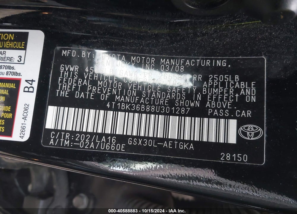 2008 TOYOTA AVALON XLS VIN: 4T1BK36B88U301287