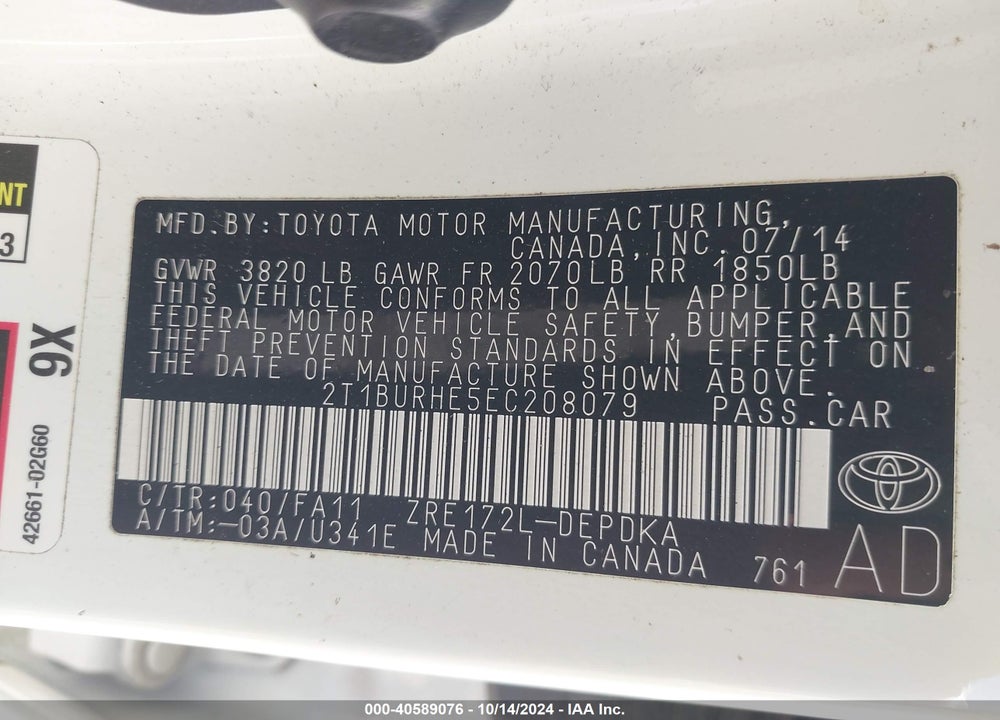 2014 TOYOTA COROLLA L VIN: 2T1BURHE5EC208079