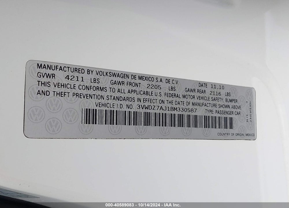 2011 VOLKSWAGEN JETTA 2.5L SE VIN: 3VWDZ7AJ1BM330587