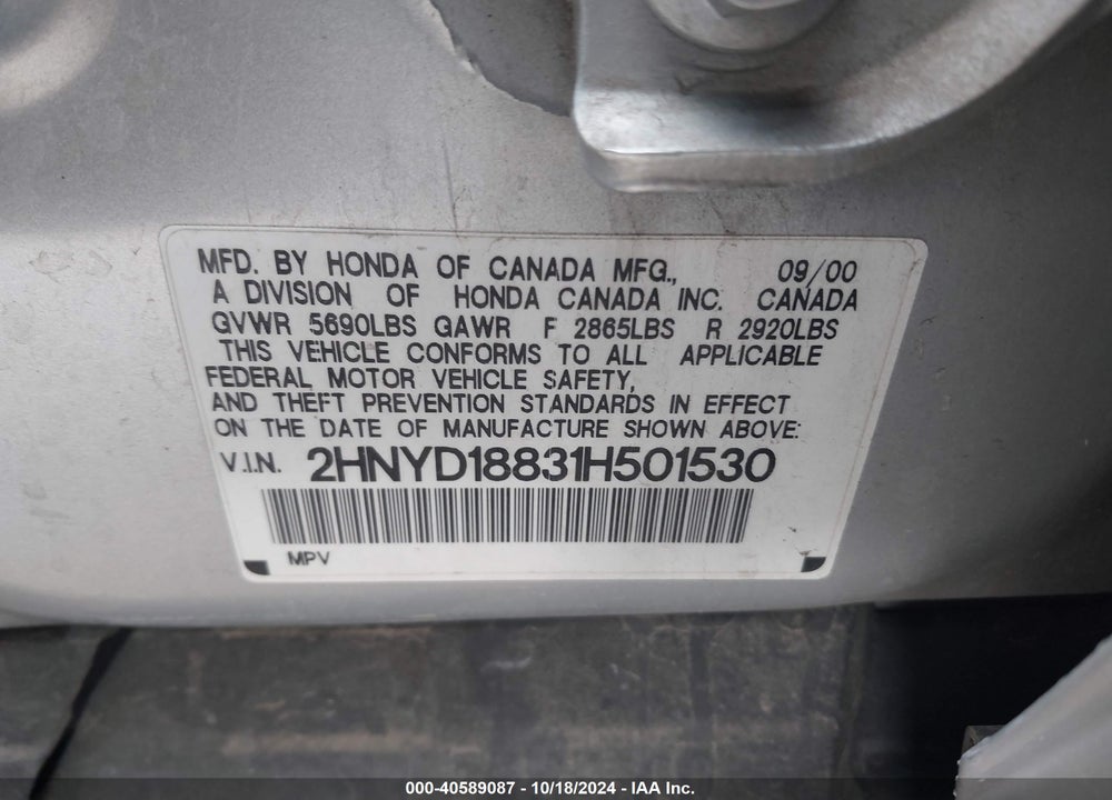 2001 ACURA MDX VIN: 2HNYD18831H501530