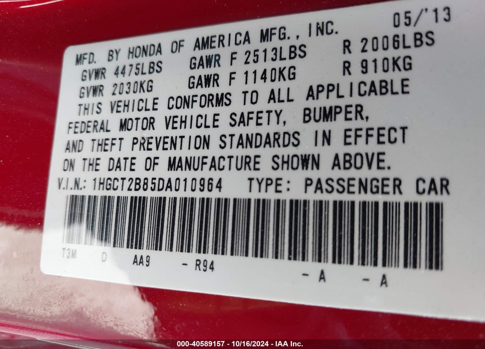2013 HONDA ACCORD EX-L V-6 VIN: 1HGCT2B85DA010964