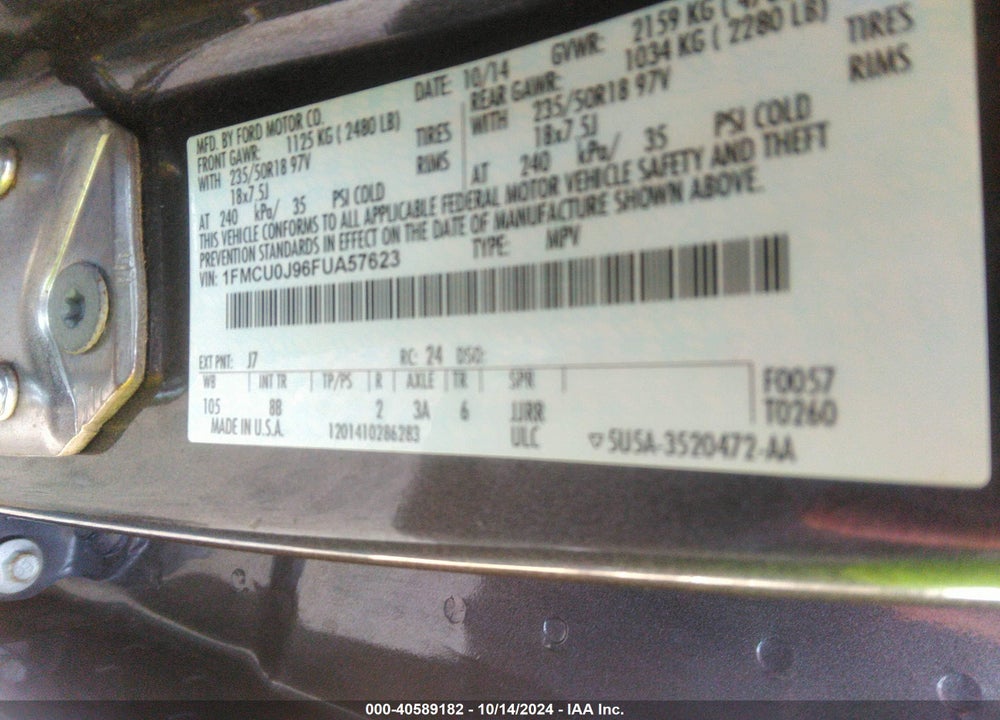 2015 FORD ESCAPE TITANIUM VIN: 1FMCU0J96FUA57623