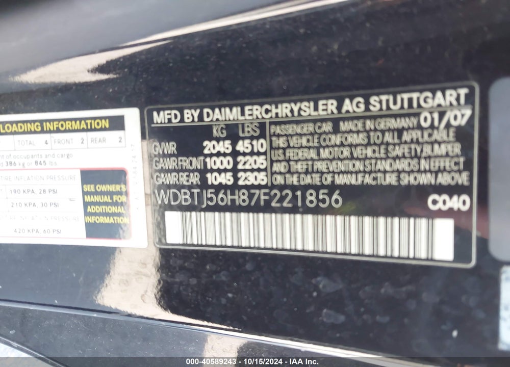 2007 MERCEDES-BENZ CLK 350 VIN: WDBTJ56H87F221856