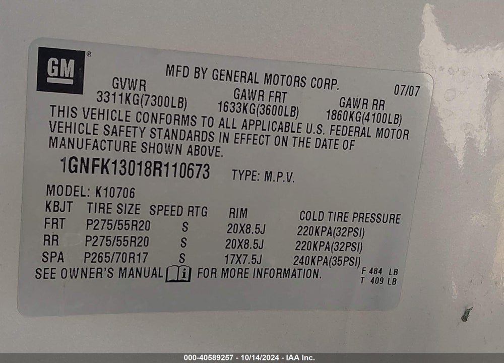2008 CHEVROLET TAHOE LTZ VIN: 1GNFK13018R110673