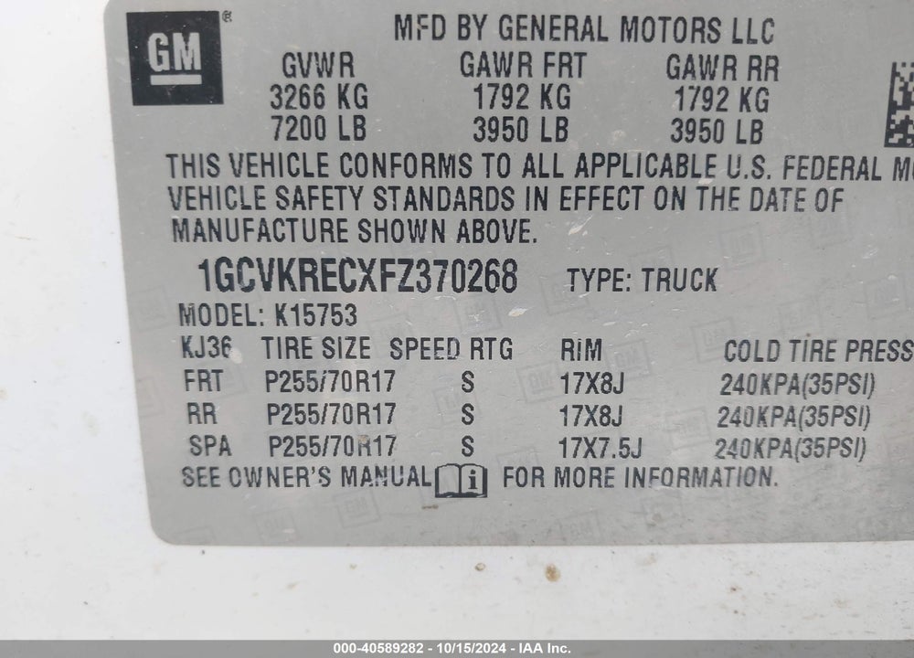 2015 CHEVROLET SILVERADO 1500 1LT VIN: 1GCVKRECXFZ370268