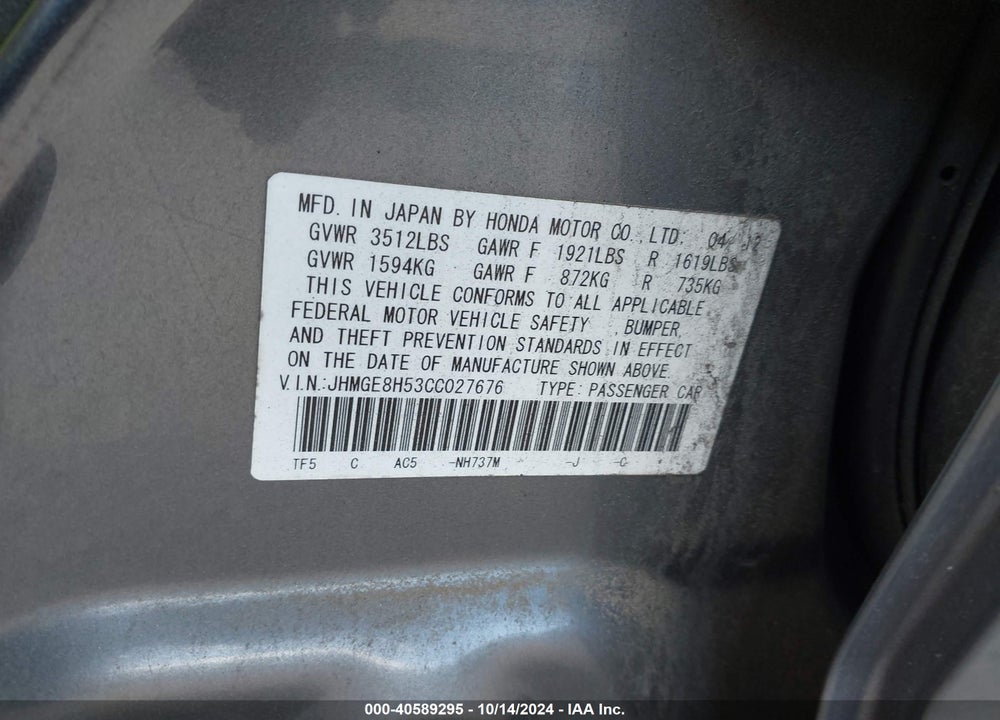 2012 HONDA FIT SPORT VIN: JHMGE8H53CC027676