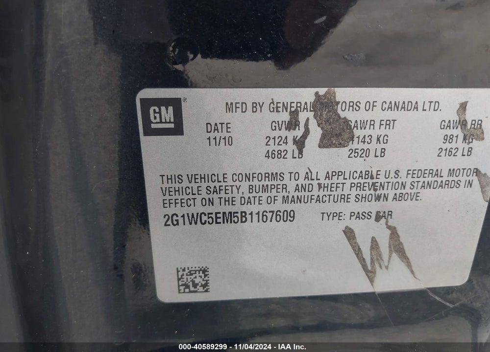 2011 CHEVROLET IMPALA LTZ VIN: 2G1WC5EM5B1167609