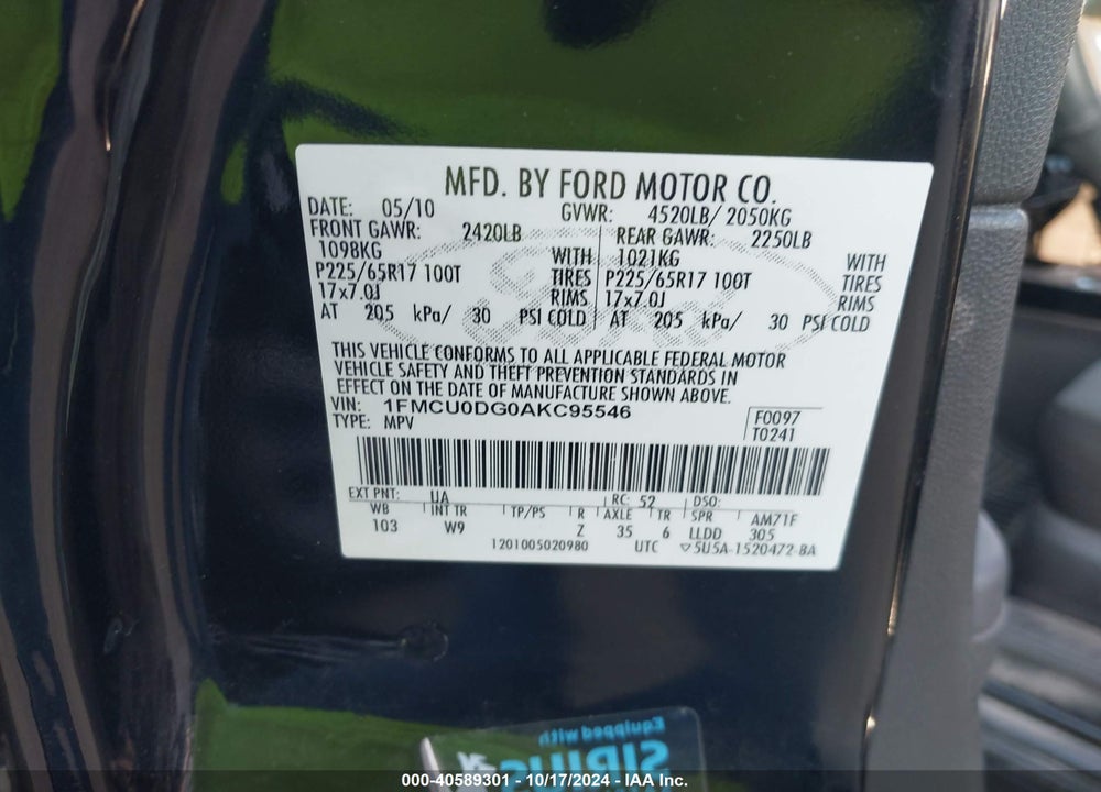 2010 FORD ESCAPE XLT VIN: 1FMCU0DG0AKC95546
