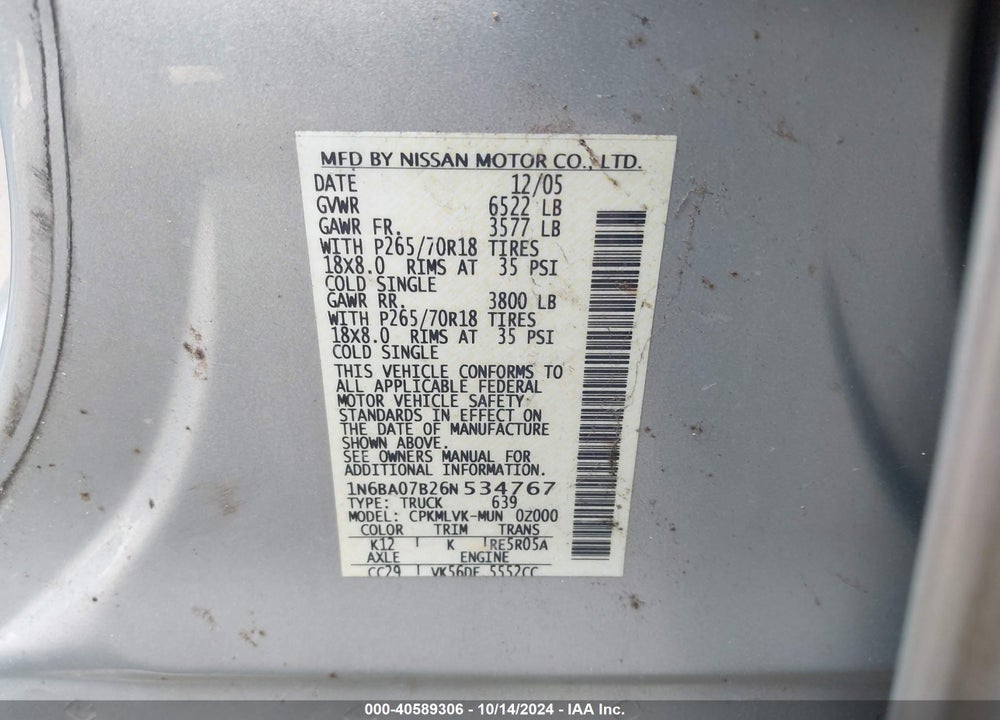 2006 NISSAN TITAN LE VIN: 1N6BA07B26N534767