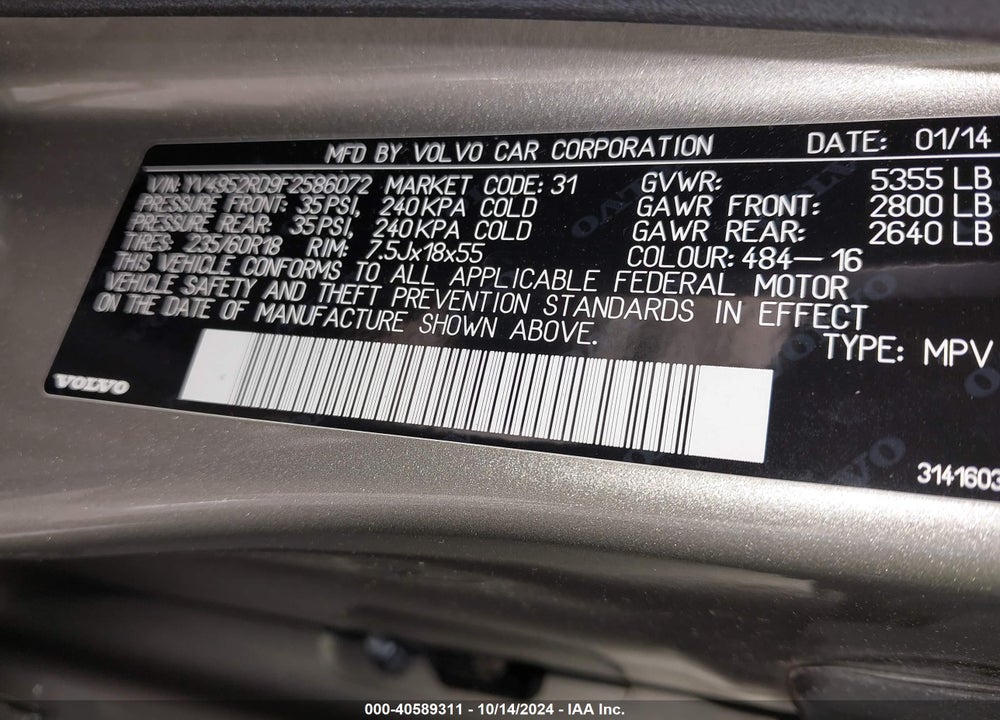 2015 VOLVO XC60 3.2 PLATINUM VIN: YV4952RD9F2586072