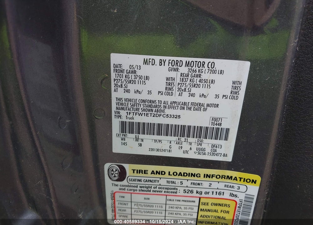 2013 FORD F-150 FX4 VIN: 1FTFW1ET2DFC53325