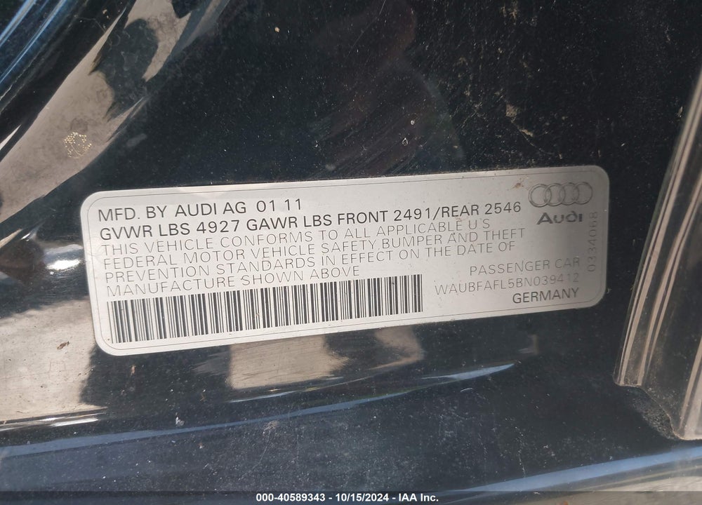 2011 AUDI A4 2.0T PREMIUM VIN: WAUBFAFL5BN039412