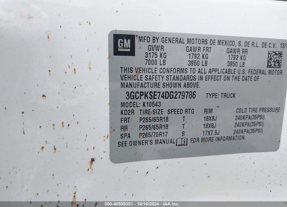 2013 CHEVROLET SILVERADO 1500 LT VIN: 3GCPKSE74DG279786