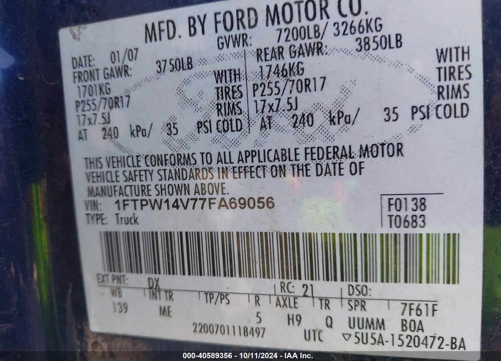 2007 FORD F-150 FX4/LARIAT/XLT VIN: 1FTPW14V77FA69056