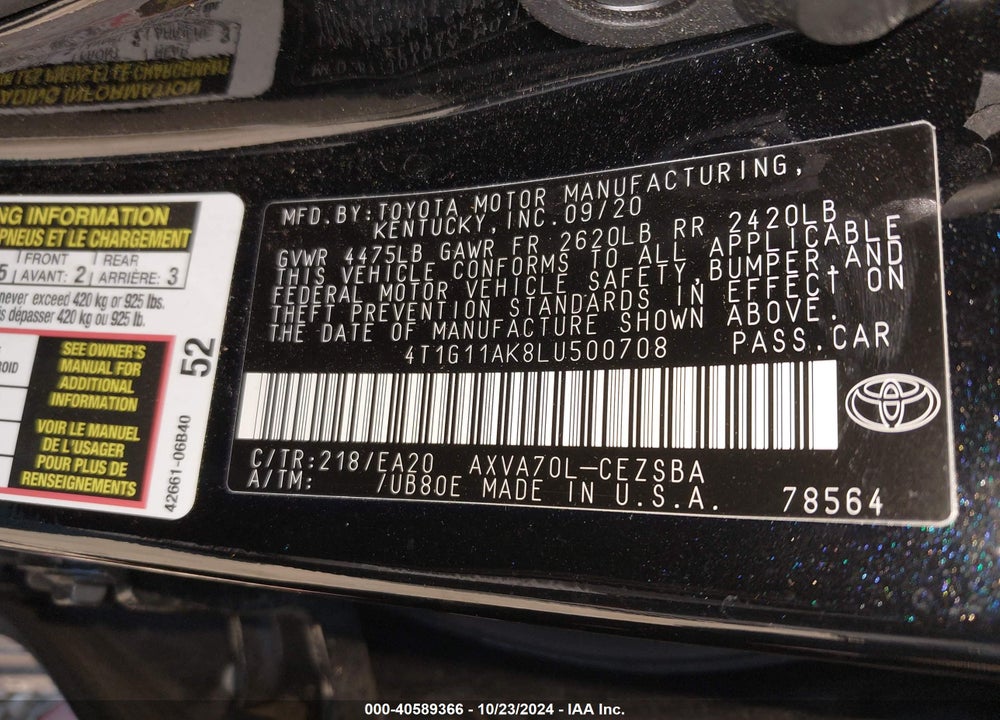 2020 TOYOTA CAMRY SE VIN: 4T1G11AK8LU500708