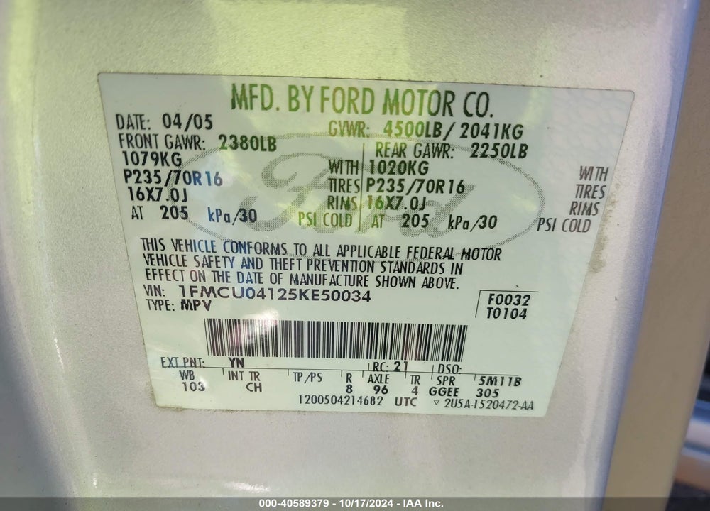 2005 FORD ESCAPE LIMITED VIN: 1FMCU04125KE50034