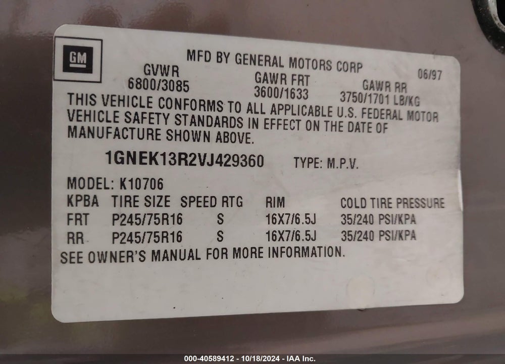 1997 CHEVROLET TAHOE LS VIN: 1GNEK13R2VJ429360