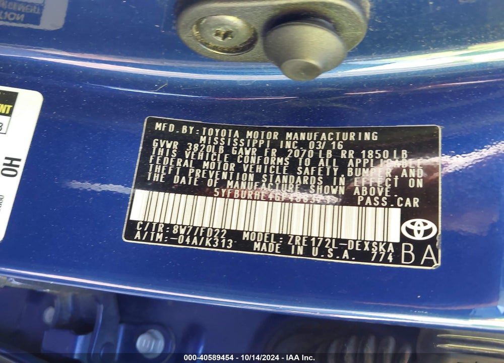 2016 TOYOTA COROLLA S PLUS VIN: 5YFBURHE4GP488371