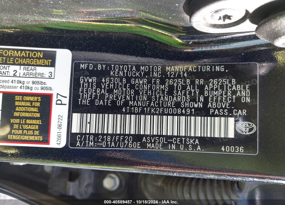 2015 TOYOTA CAMRY SE VIN: 4T1BF1FK2FU008491